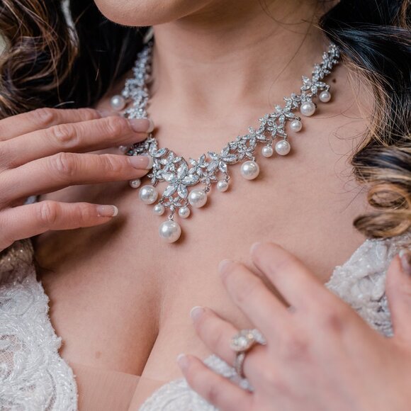 Bridal Statement Necklace & Earring Set, Cubic Zirconia and Pearl Jewelry Set - Picture 5 of 9